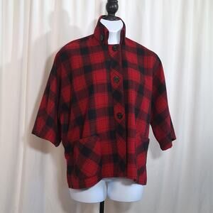 Coldwater Creek 1X Red Buffalo Plaid Jacket Wool Blend High Neck Buttons Pockets